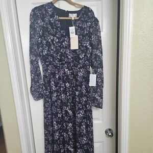 Wayf Blue Long Sleeve V-Neck Formal Dress